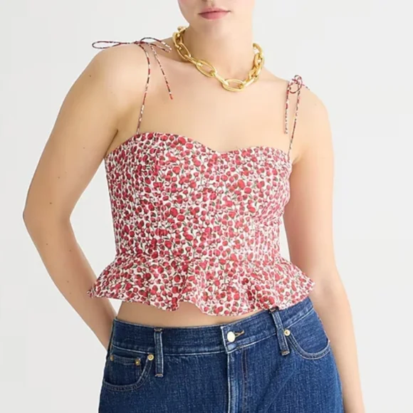 J. Crew Red Roses Cropped Bustier Peplum Top in Eliza Liberty Fabric - Picture 1 of 13